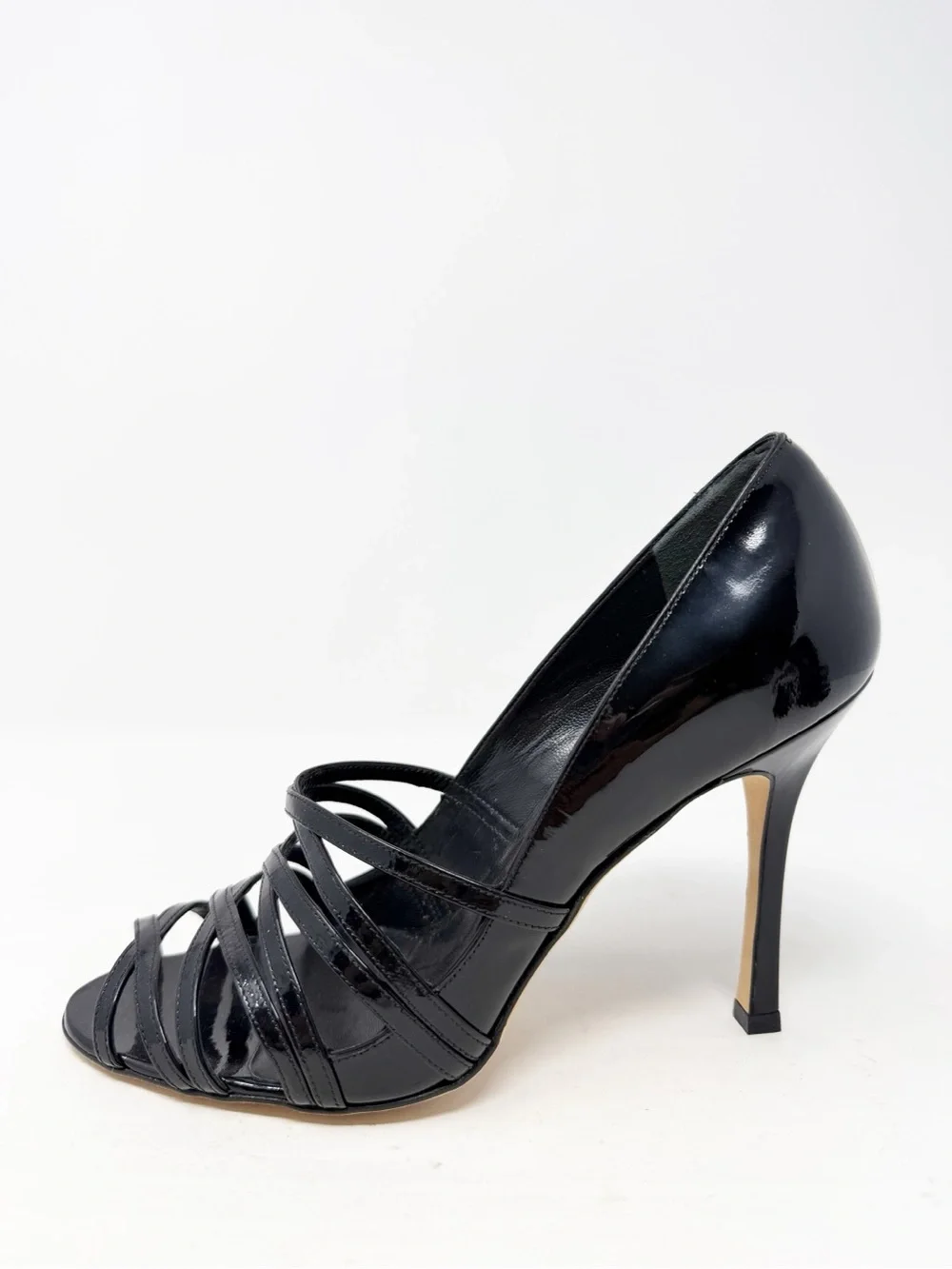 Manolo Blahnik CPETRA Patent Leather Strappy Heels Black Womens Size EU 37.5